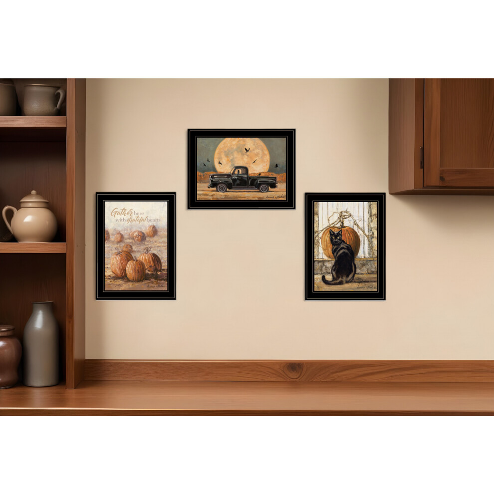 Lot De Trois Impressions Encadr?Es Noires Harvest Moon Pour D?Coration Murale De Cuisine-image