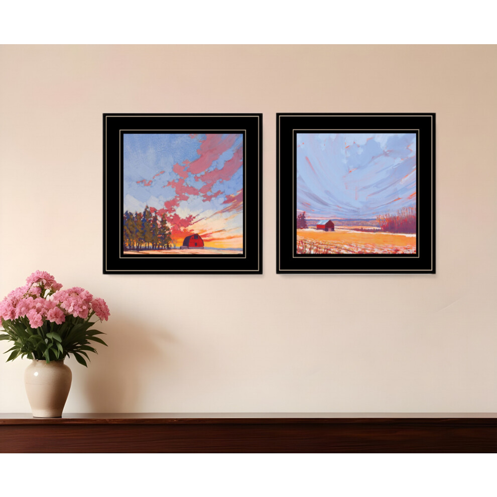 Set Di Due Paesaggi Panoramici Con Fienili, Stampa Artistica Da Parete Con Cornice Nera-image