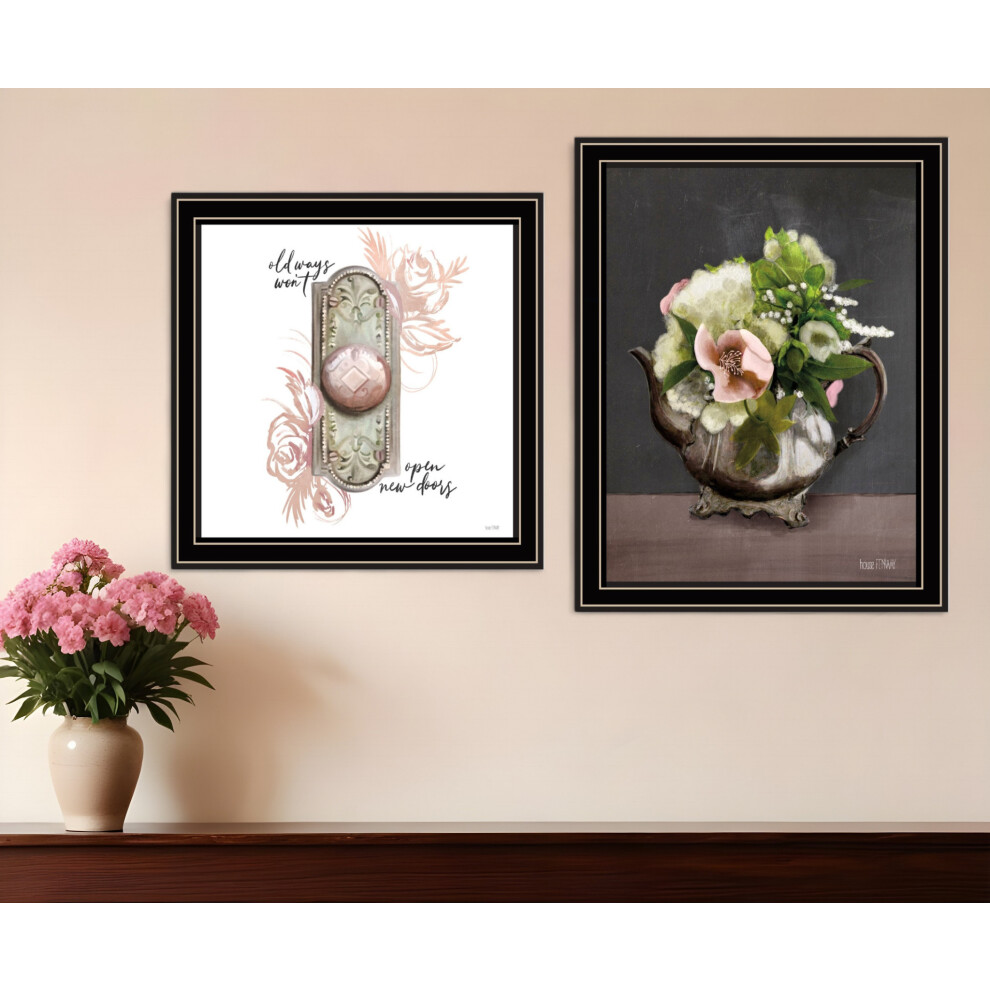 Set Van Twee Vintage Bloemen Theepot En Deurknop Zwarte Ingelijste Print Keukenmuurkunst-image