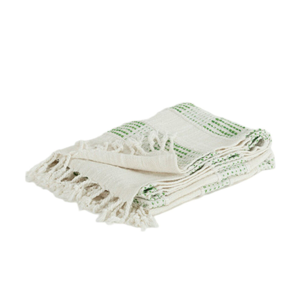 Couverture en coton tiss    gris et vert avec franges