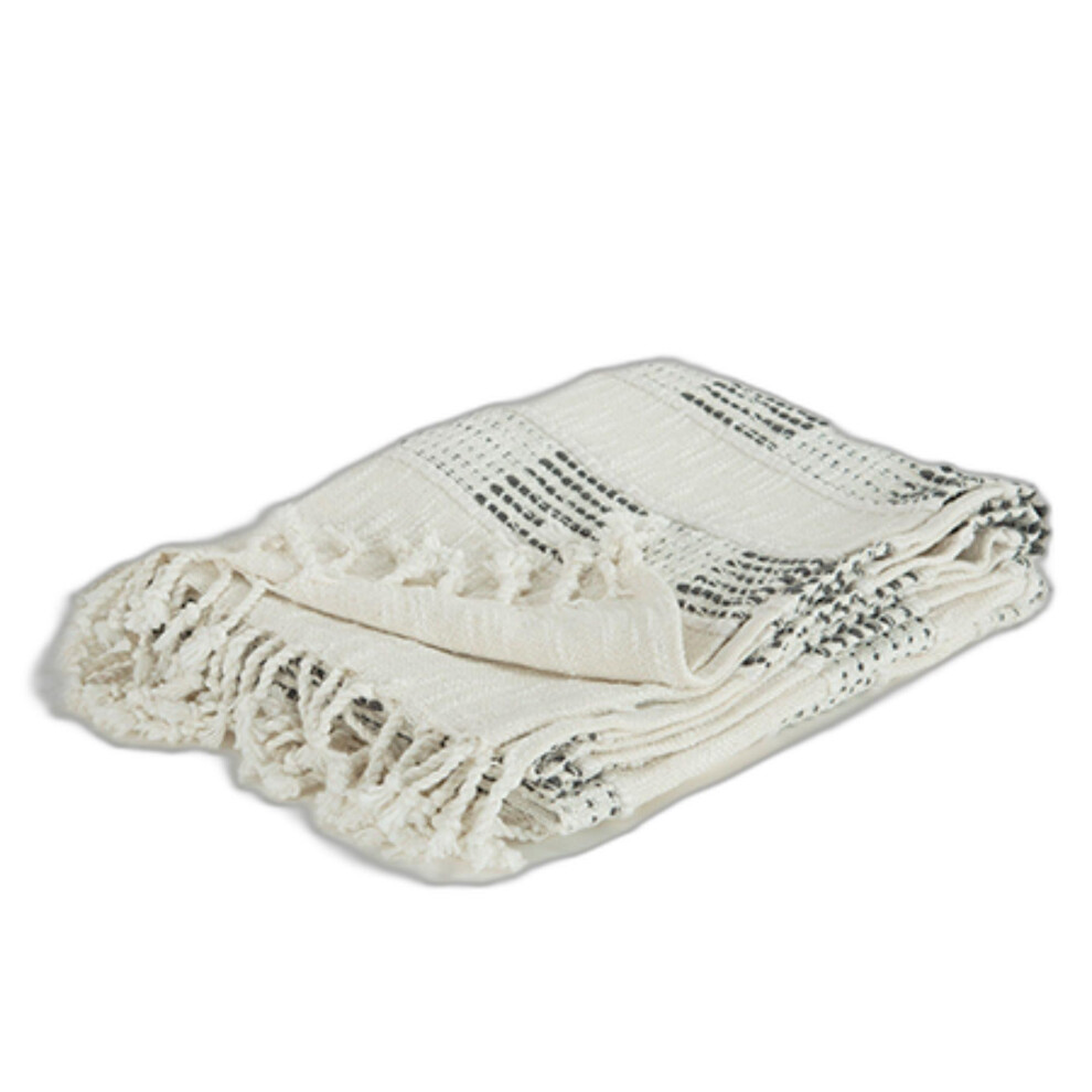 Couverture en coton tiss    beige et gris avec franges