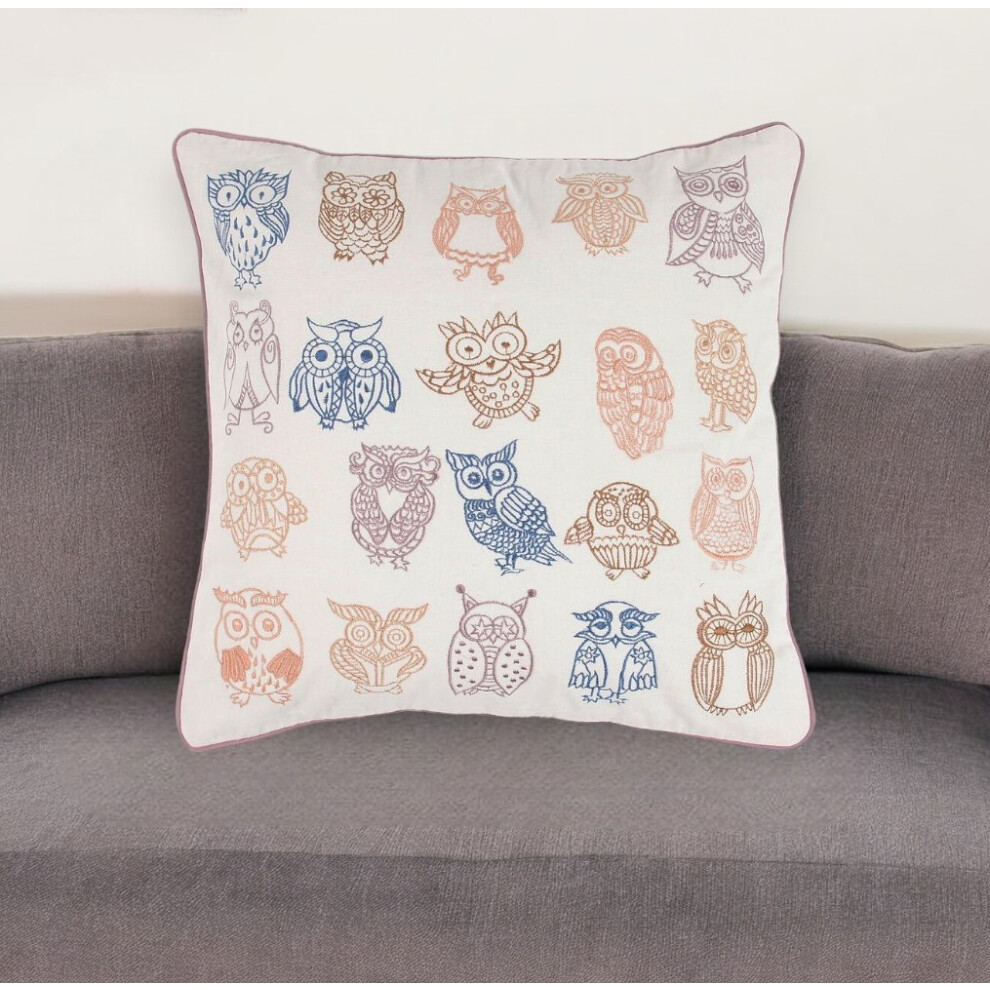 Housse de coussin en coton avec broderie et hibou rose et blanc 18