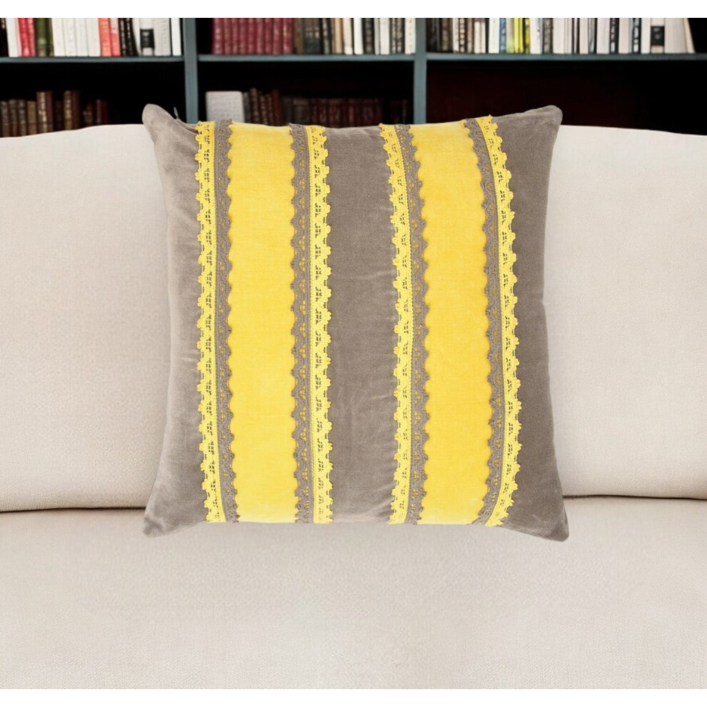 Housse de coussin en coton ray? jaune et marron avec dentelle 16
