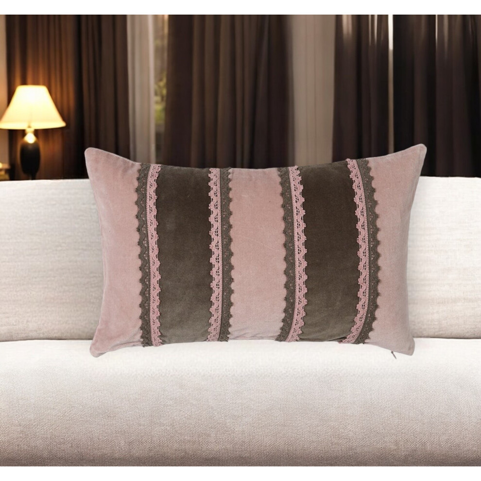 Housse de coussin en coton rayé rose et marron avec dentelle 12 x 20