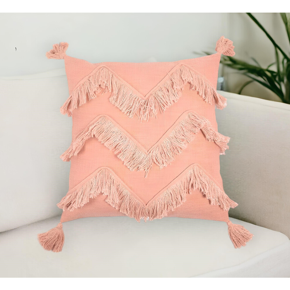 Housse de coussin en coton ? chevrons rose avec pompons ? franges