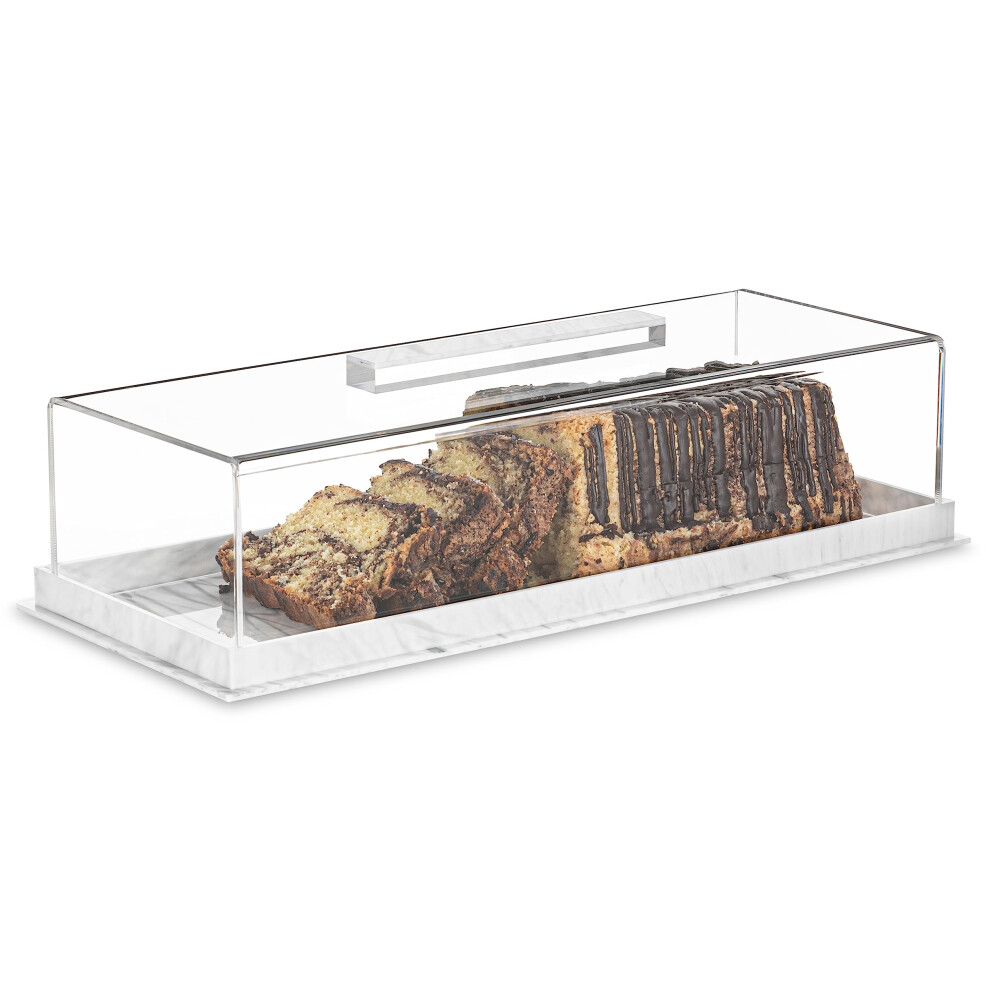 Gold Valley Rectangular Cake Tray  Cake Plate Dish with Lucite Display Cover Lid  Dessert Holder Tray  Cake Stand  White Marbleized Grain Rectangle Ca