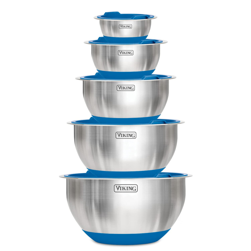 Viking Culinary Stainless Steel Mixing Bowl Set  10 piece  Nonslip Silicone Base  Includes Airtight Lids  Dishwasher Safe  Blue