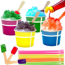 Kit de 140 Pièces pour Glaces Pilées Multicolores - 40 Gobelets 12oz Jaunes, Roses, Verts et Bleus