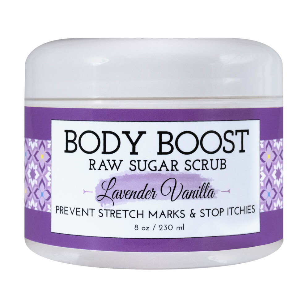 Body Boost Lavender Vanilla Raw Sugar Scrub 8 oz Treat Dry Skin Stretch Marks and Scars Pregnancy and Nursing Safe Allergen F