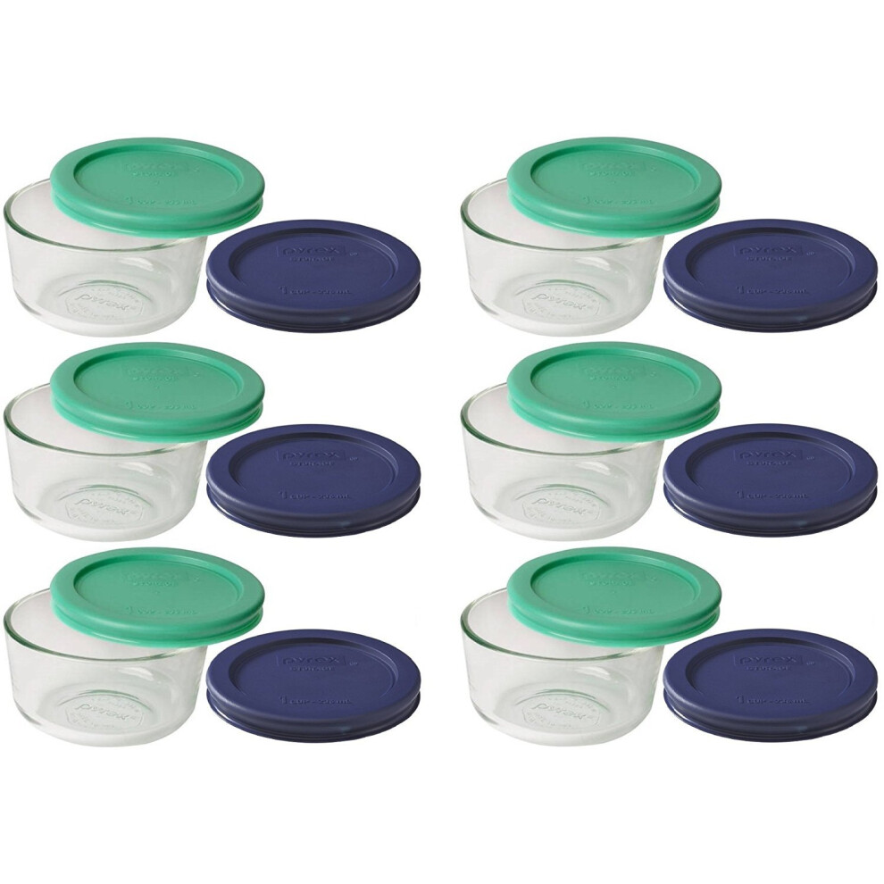 Pyrex Storage 1 Cup Round Dish  Clear with Green  Blue  Pack of 6  Lids