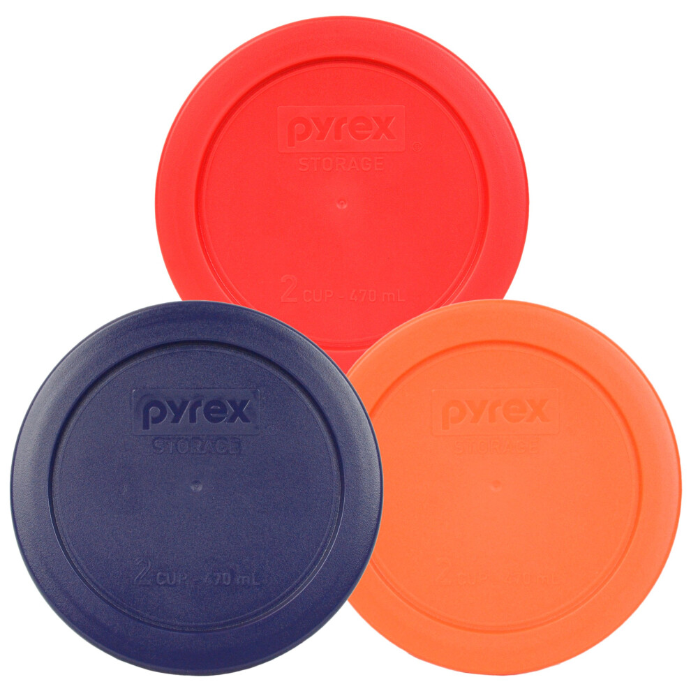 Pyrex 7200PC 2 Cup Red  Blue  Orange Round Plastic Storage Lid  Made in USA  3 Pack