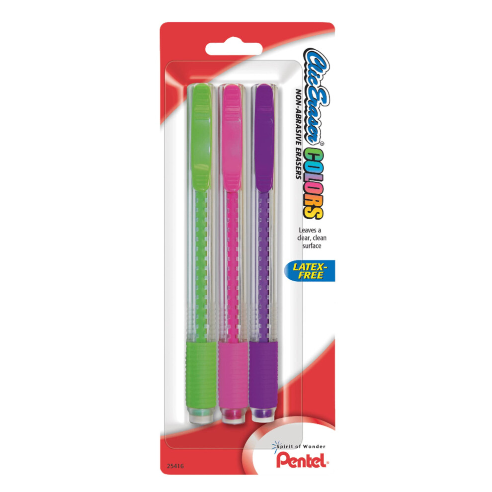 Pentel Clic Erasers  Assorted Colors  Pack of 3