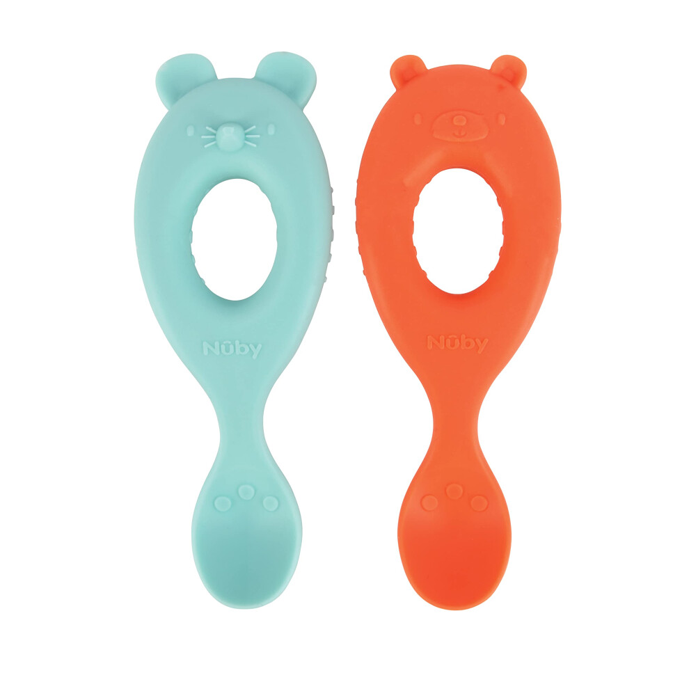 Nuby Silicone Easy Grip Spoons  2 Pack  6 M  Mouse and Bear