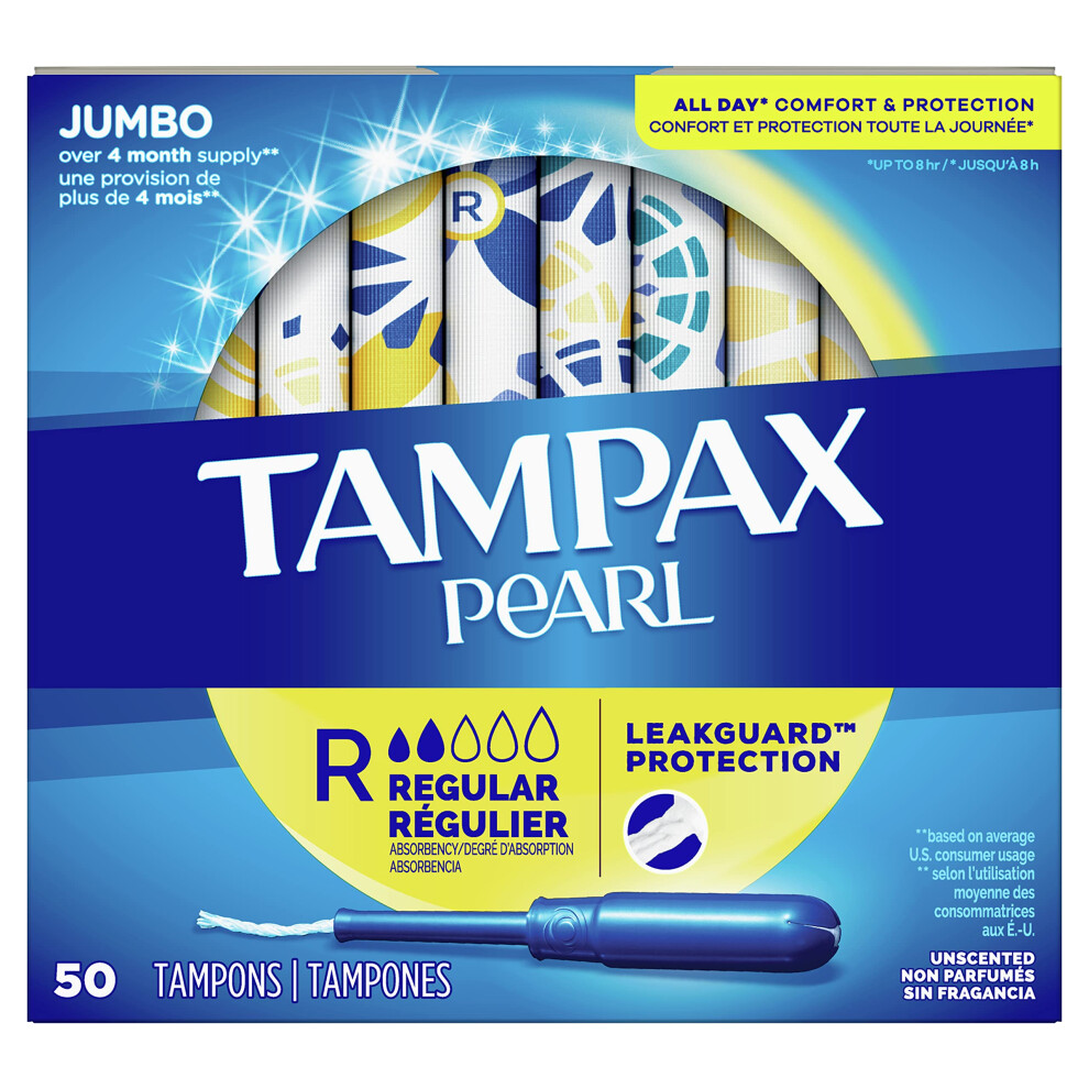 Tampax Pearl Tampons with Plastic Applicator  Regular Absorbency  50 Count  Pack of 4 200 Count Total