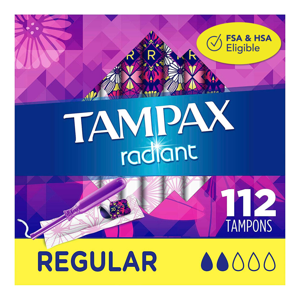 Tampax Radiant Plastic Tampons  Regular Absorbency  Unscented  28 Count Pack of 4 112 Count Total Packaging May Vary