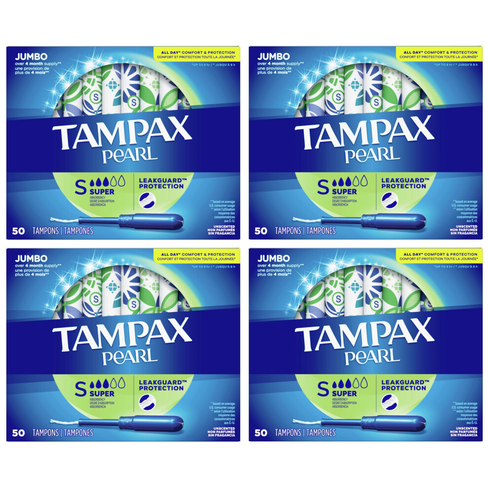 Tampax Pearl Tampons with Plastic Applicator  Super Absorbency  200 Count  Unscented 50 Count  Pack of 4  200 Count Total