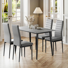 Dining Table and Chairs Set of 4, 120CM Marble Effect Dining Table with 4 Faux Leather High Back Dining Chairs