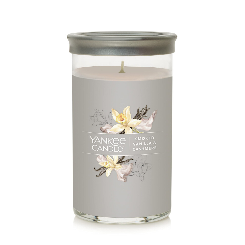 Yankee Candle Smoked Vanilla  Cashmere Signature Medium Pillar Candle  1425 oz Light Gray Soy Wax Blend  Metal Lid Coaster