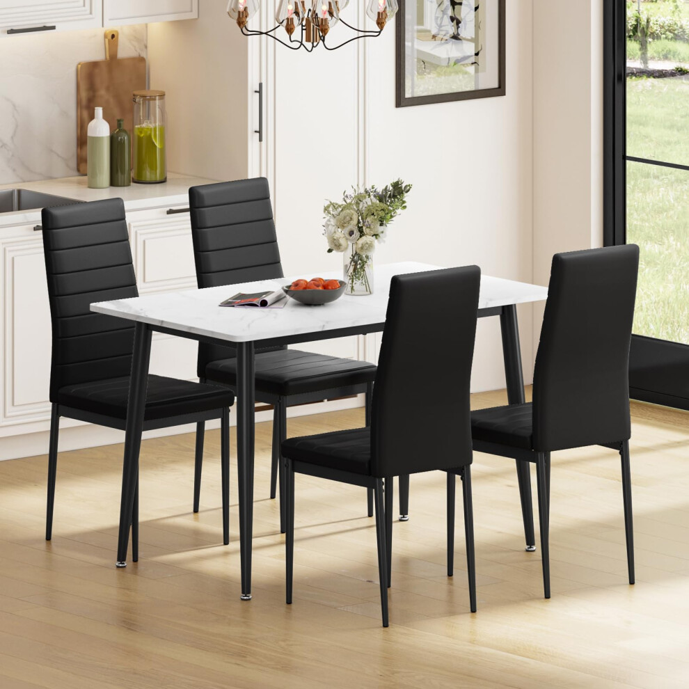 Dining Table and Chairs Set of 4, 120CM Marble Effect Dining Table with 4 Faux Leather High Back Dining Chairs