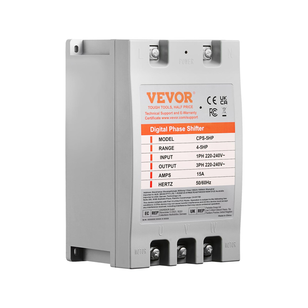 VEVOR Single Phase to 3 Phase Converter  5HP 15A Digital Phase Shifter for Residential and Light Commercial Use  220V240V Inpu