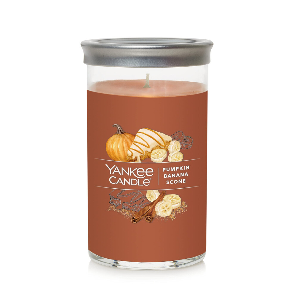 Yankee Candle Pumpkin Banana Scone Signature Medium Pillar Candle  1425oz  Dark Orange  Soy Wax Blend  Metal Lid Coaster  Ho