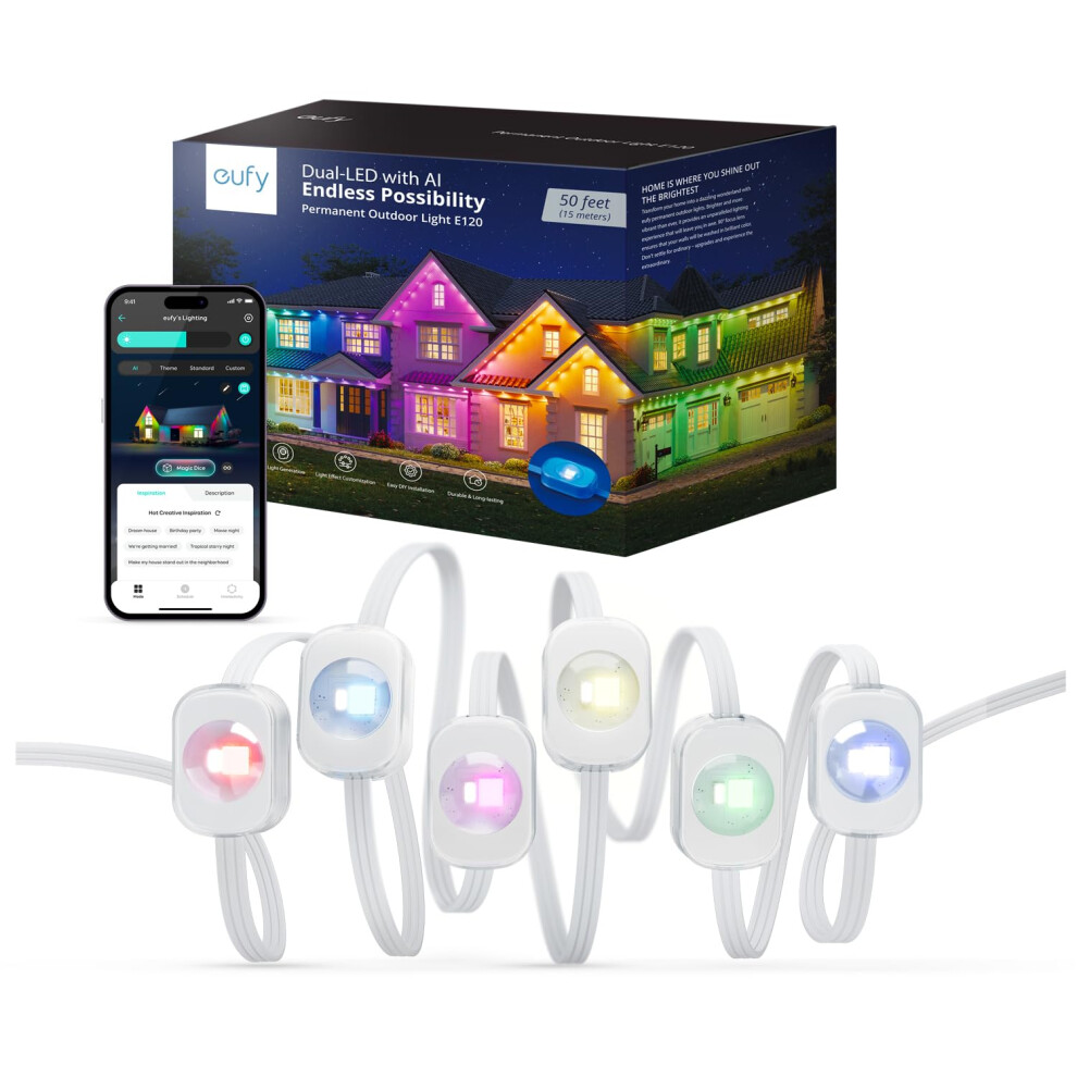 eufy Permanent Outdoor Lights E120 50ft with 30 DualLED RGB and Warm White Eave Lights IP67 Waterproof App Control AI Light
