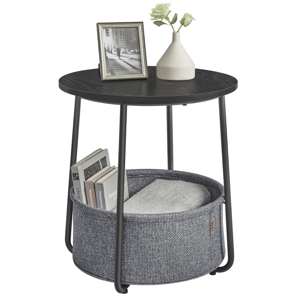 VASAGLE End Table  Small Bedside Table with Fabric Basket  Modern Nightstand  Round Side Table  for Living Room  Bedroom  Ebony