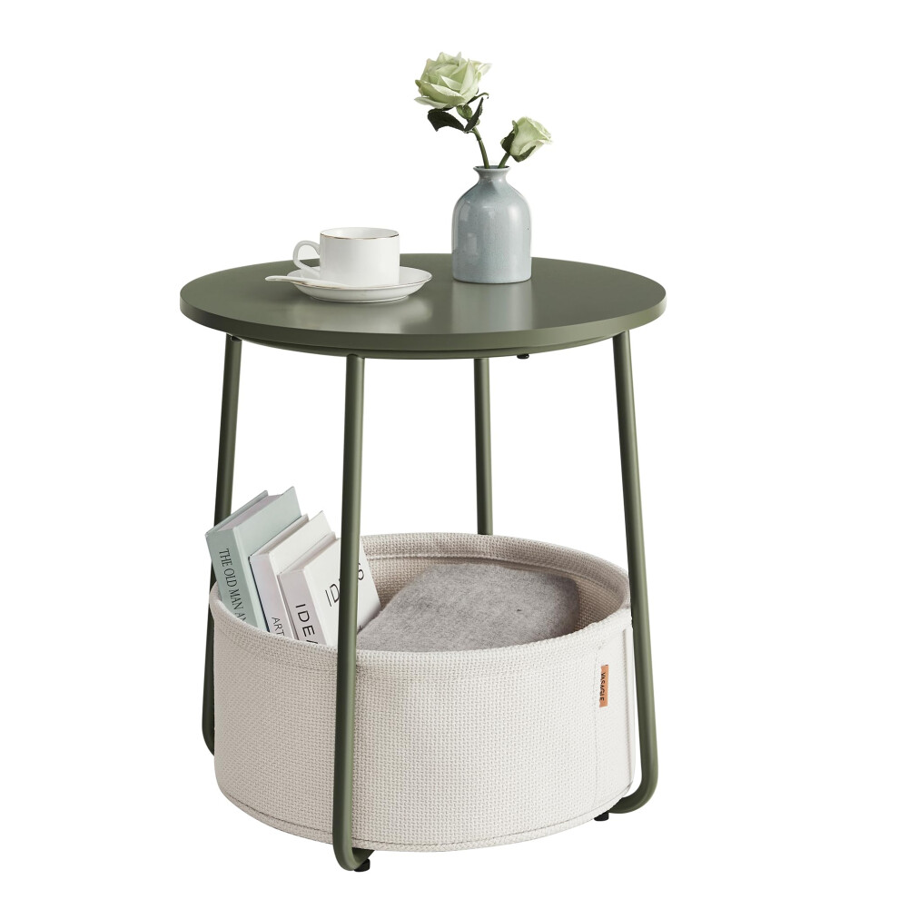 VASAGLE End Table  Small Bedside Table with Fabric Basket  Modern Nightstand  Round Side Table  for Living Room  Bedroom  Forest