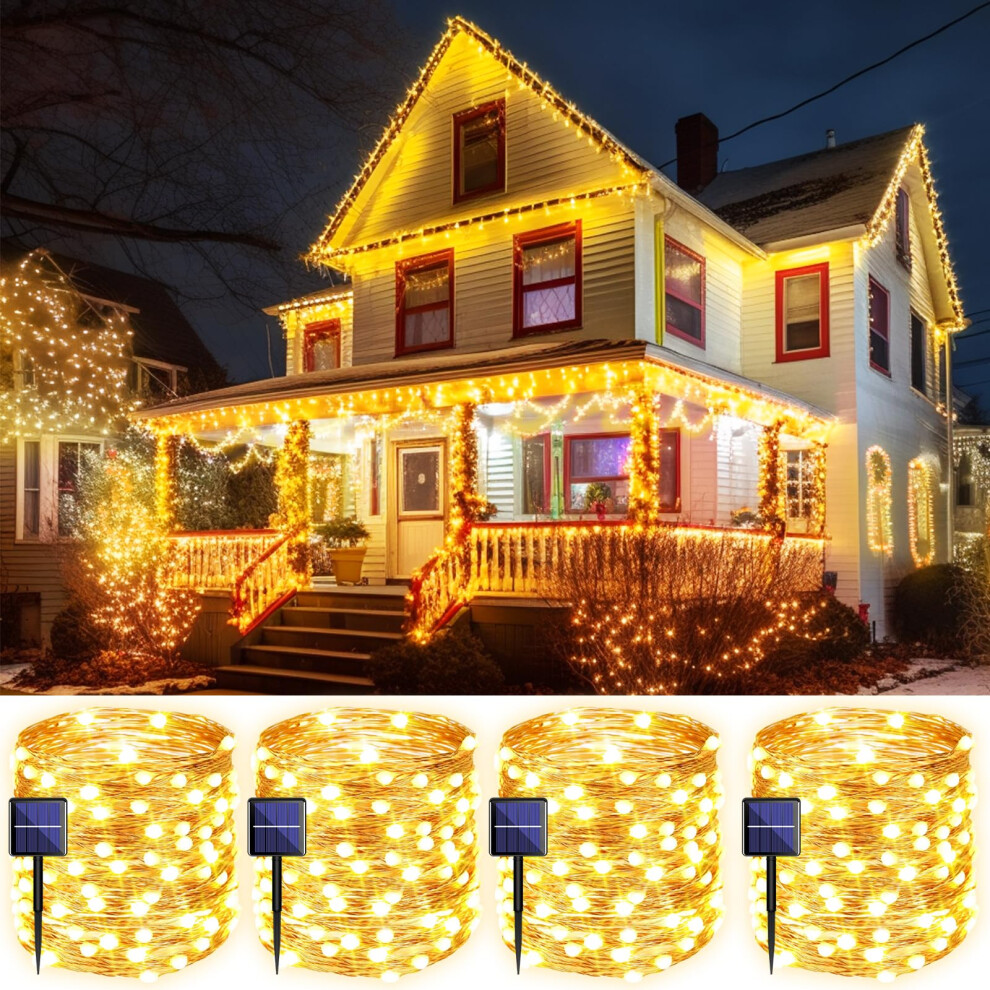 Cuorung 4 Pack Solar String Lights for Outside 400LED 160FT Bright Solar Lights Outdoor Waterproof Copper Wire with 8 Modes Fa