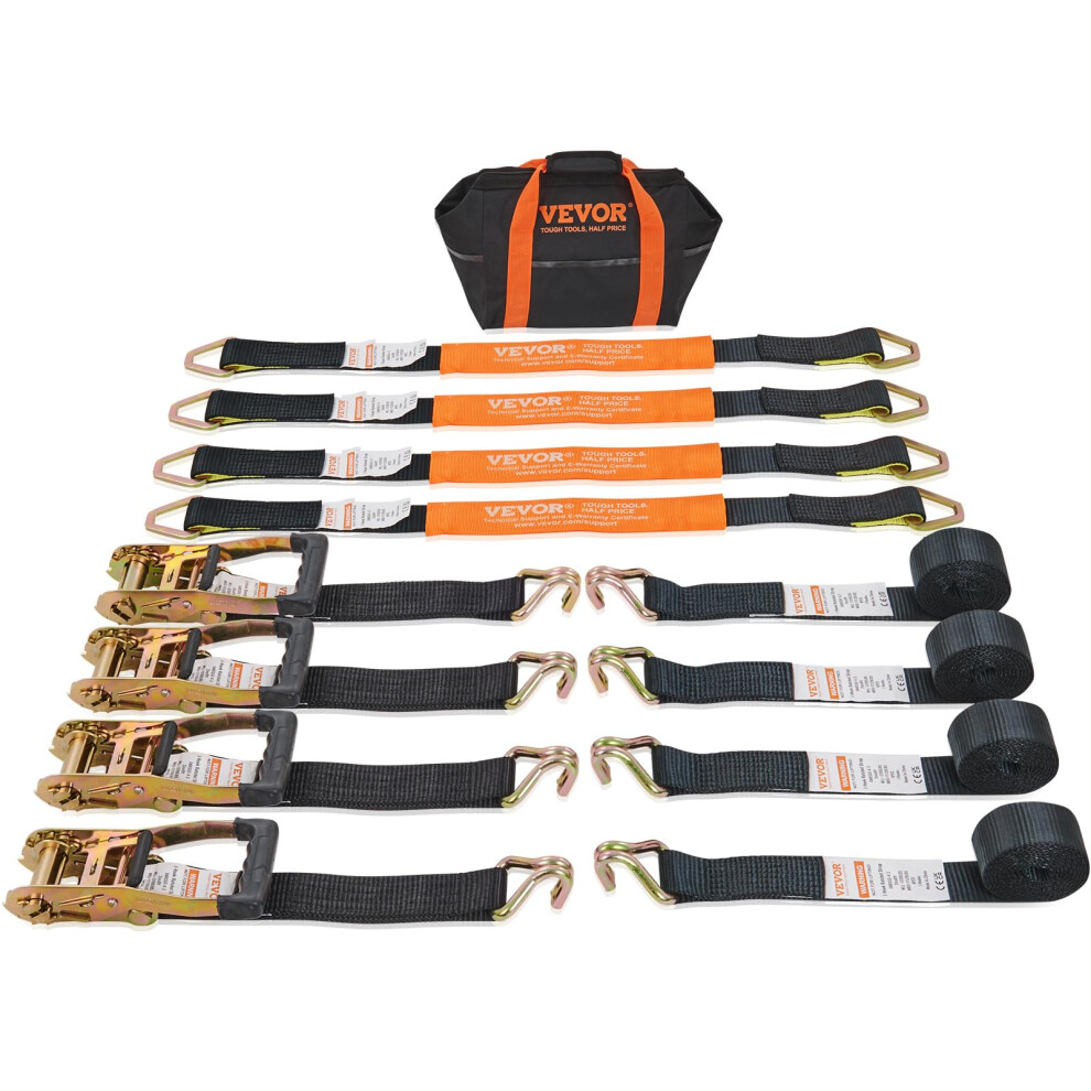 VEVOR Heavy Duty Ratchet Straps (4PK), 1,1128 lb Break Strength 2 x 8' Ratchet Straps Tie Down with Double J Hook, (4) 2 x 38'' Axle Straps for Movi