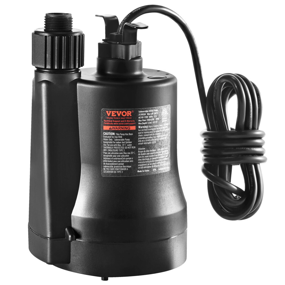 VEVOR Sump Pump Submersible  13 HP  2450 GPH High Flow  30 ft Head  Submersible Water Pump  Thermoplastic Sump Pump with 10 ft