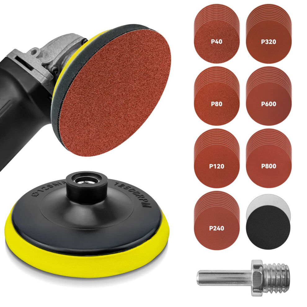 Toovem  74Pcs 5 Inch  Angle Grinder Sanding Disc  Hook and Loop Backing Pad with Sanding Discs and Foam Buffering Pads  Angle