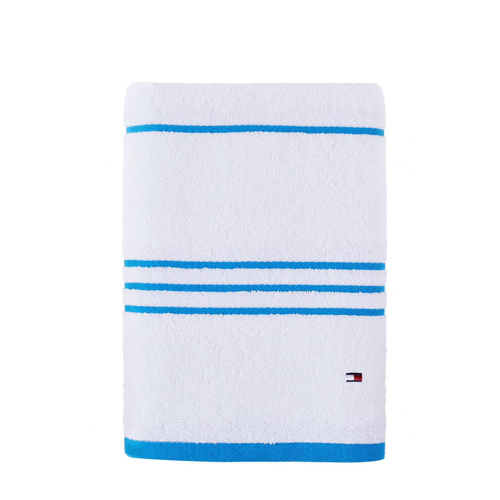 Tommy Hilfiger Modern American Stripe Bath Towel  30 X 54 Inches  100 Cotton 574 GSM WhiteSwedish Blue