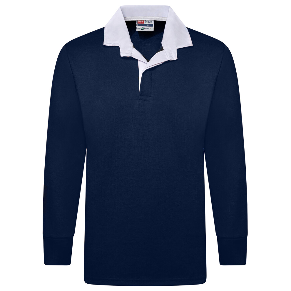 (Navy, 3XL) Men's Plain Rugby Long Sleeve Sports Jersey