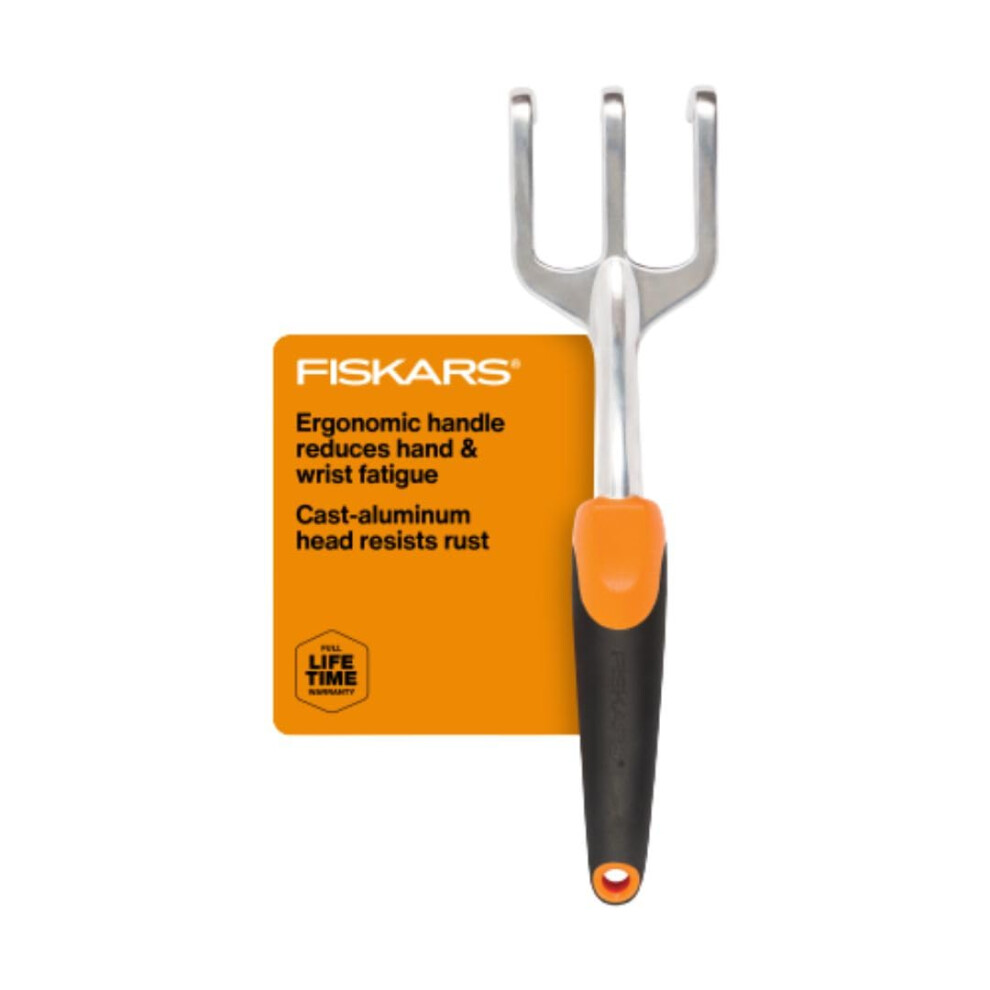 Fiskars Ergo Cultivator for Digging  Aerating Soil  and Weeding  Heavy Duty Garden Tool with Hanging Hole