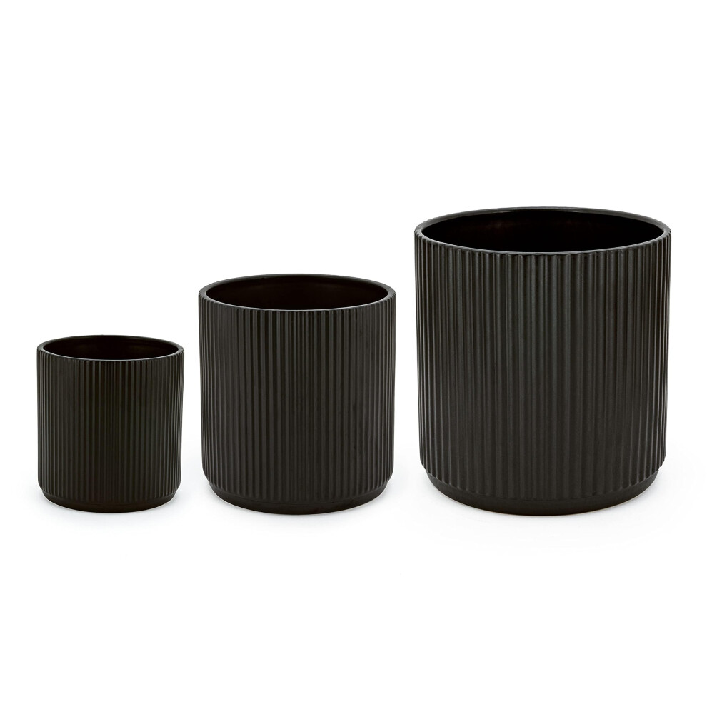 Amazon Basics Assorted Sizes Fluted Ceramic Round Planters  Set of 3  Black  6Inch  8Inch  10Inch