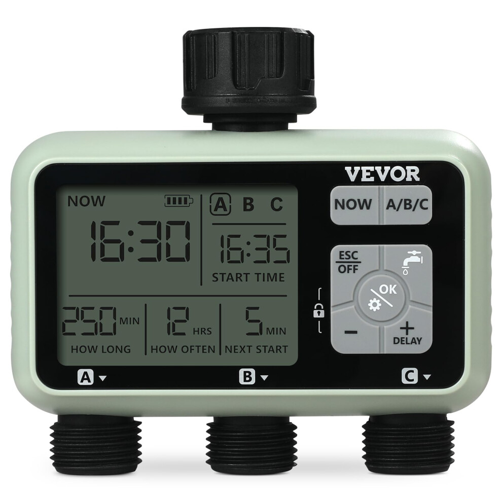 VEVOR Water Timer  3 Outlets  Hose Watering Sprinkler Timer  with 3 Independent Watering Zone LCD Display Rain Delay Mode Manual