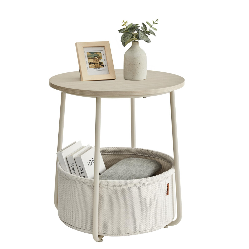 VASAGLE End Table  Small Bedside Table with Fabric Basket  Modern Nightstand  Round Side Table  for Living Room  Bedroom  Cream