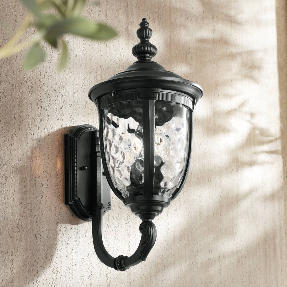 John Timberland Bellagio European Outdoor Wall Light Fixture Textured Black 21 Clear Hammered Glass Upbridge Arm for Exterior