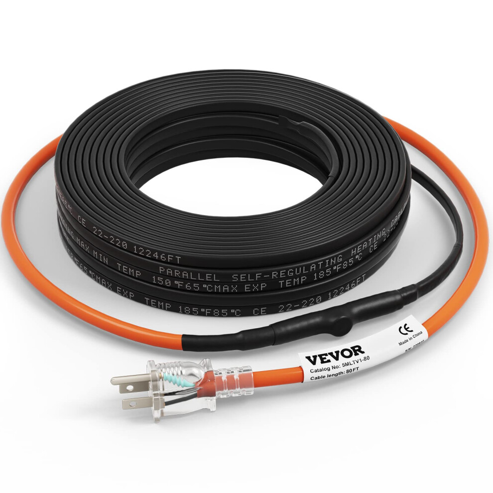 VEVOR SelfRegulating Pipe Heating Cable  80feet 5Wft Heat Tape for Pipes Freeze Protection  Protects PVC Hose  Metal and Plas