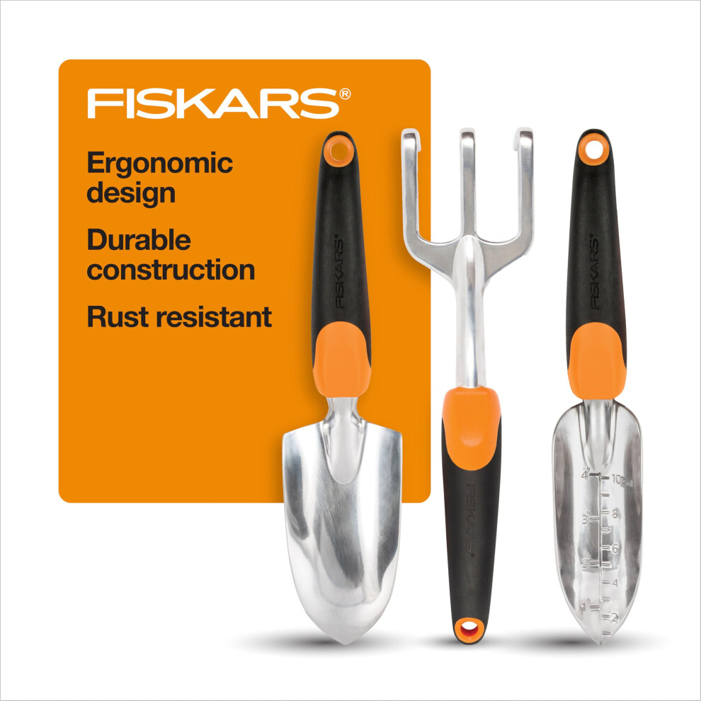 Fiskars 3in1 Garden Tool Set  Includes Trowel  Transplanter  and Cultivator for Outdoor Gardening  Ergonomic Yard Tool Kit