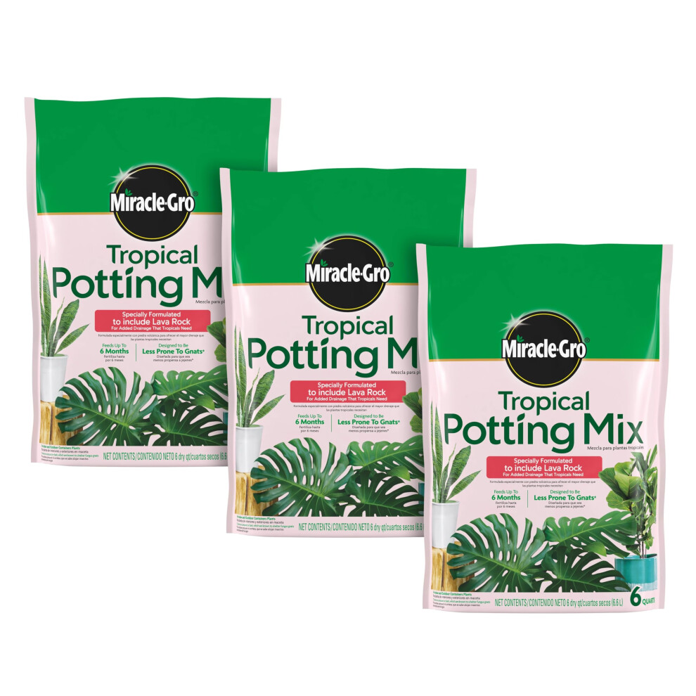 MiracleGro Tropical Potting Mix  For Container Plants  Use with Snake Plants  Spider Plants  Pothos  Monstera  6 qt  3Pack