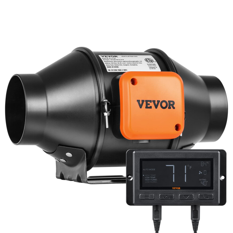 VEVOR Inline Duct Fan  4Inch 205 CFM Quiet ECMotor Ventilation Exhaust Fan  with Temperature Humidity Controller for Cooling B