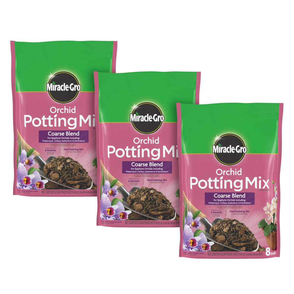 MiracleGro Orchid Potting Mix Coarse Blend  For Indoor or Outdoor Container Plants  Feeds for up to 6 Months  8 qt  3Pack