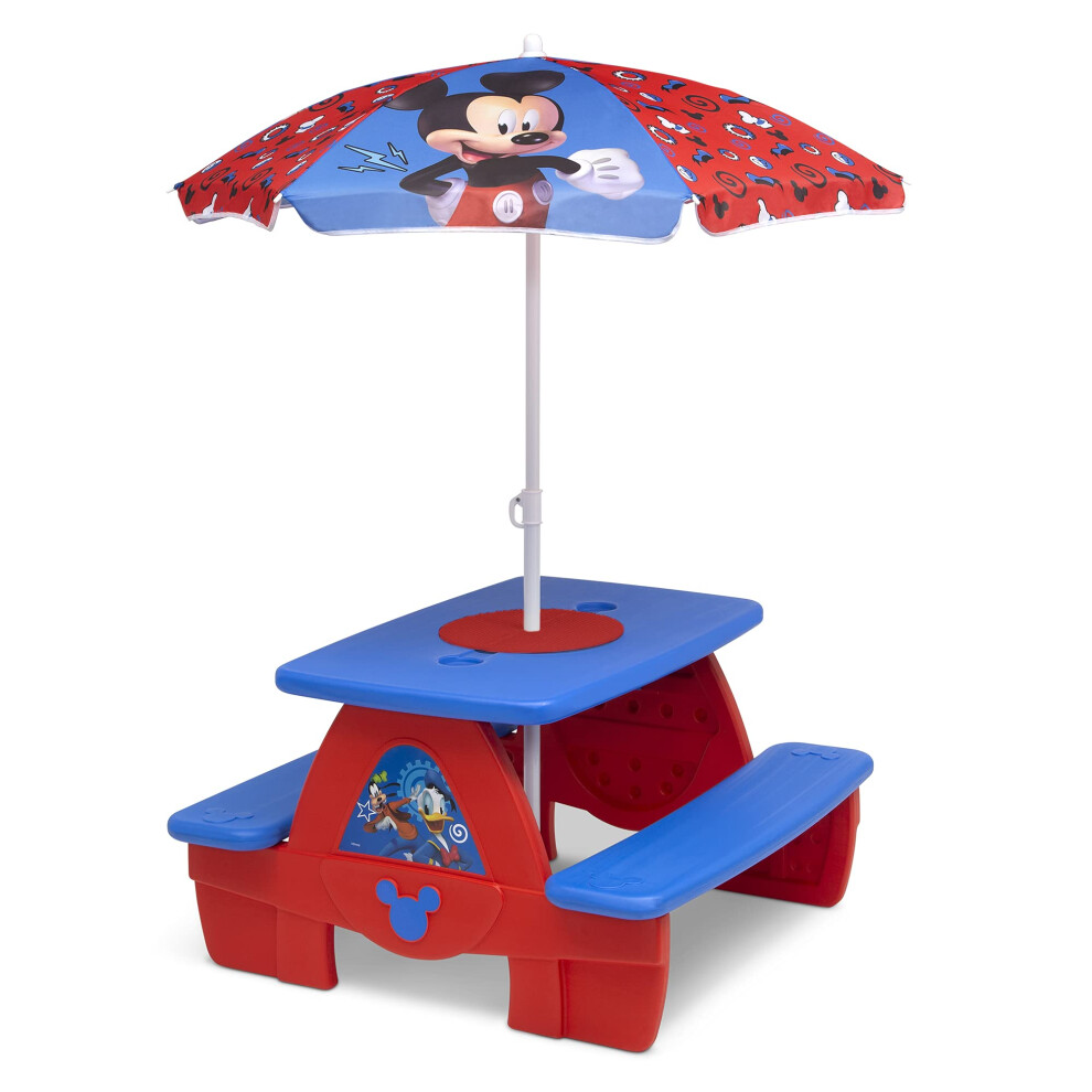 Disney Mickey Mouse 4 Seat Activity Picnic Table with Umbrella and Lego Compatible Tabletop by Delta Children