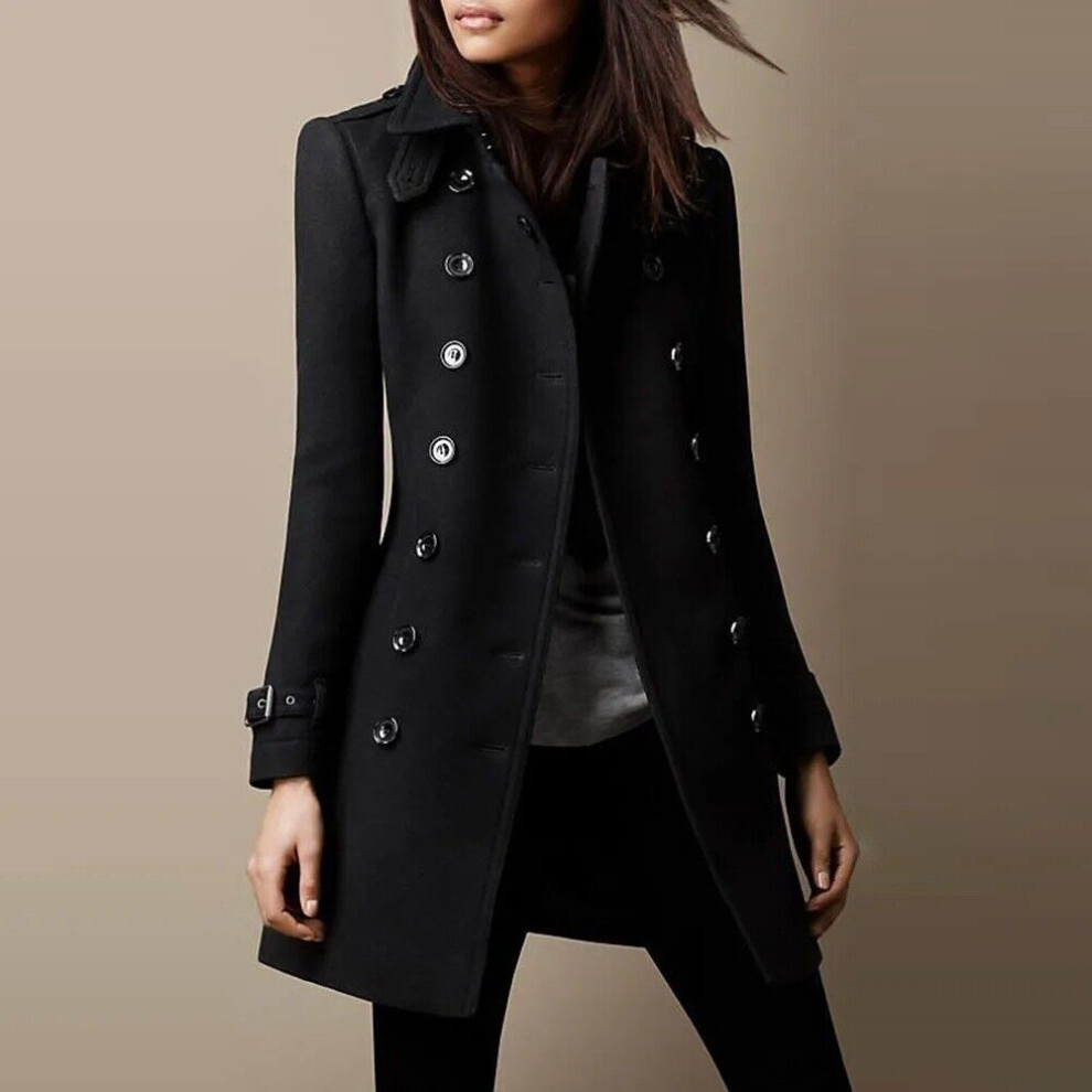 (Black, XXL = 14) Women's Winter Slim Fit Trench Button Long Coat Jacket Overcoat Parka Outwear