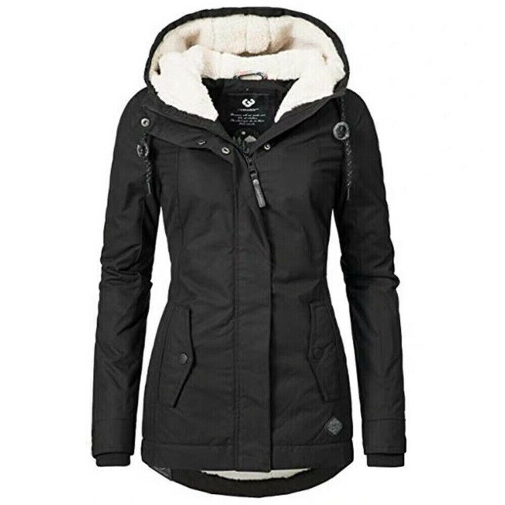 (Black, L) Womens Fur Lined Parka Jacket Coat Ladies Hooded Outwear Winter Warm Overcoat