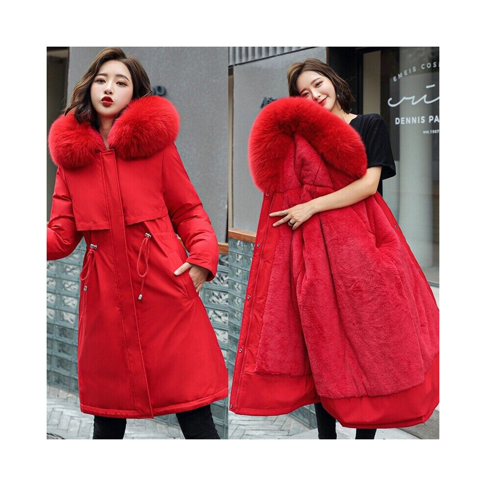 (Red, UK 8-10 = Tag 2XL) UK Women's Fleece Lined Parka Hooded Ladies Winter Warm Coat Long Jacket Outwear