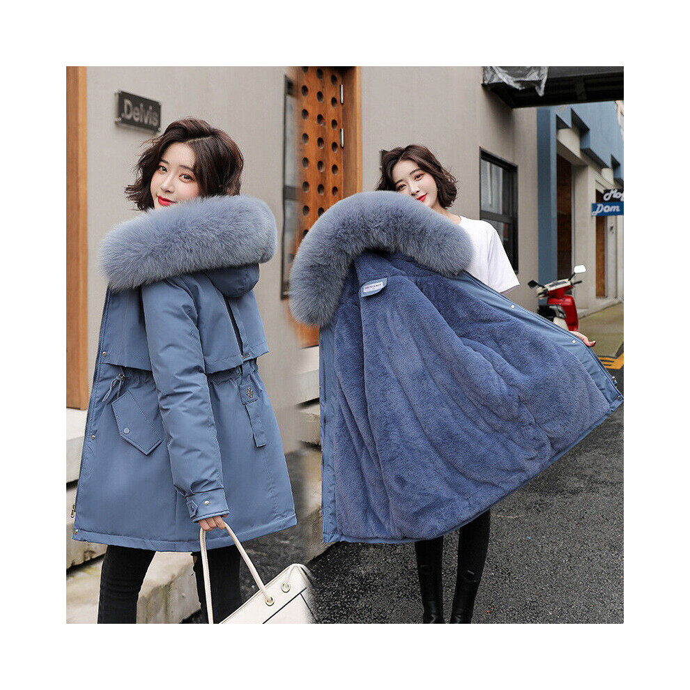 (Blue, UK L = Tag 3XL) Womens Parka Fur Hooded Ladies Fleece Lined Winter Warm Long Coat Jacket Outwear