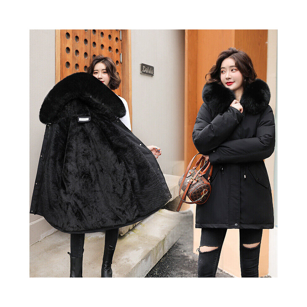 (Black, UK S = Tag XL) Womens Parka Fur Hooded Ladies Fleece Lined Winter Warm Long Coat Jacket Outwear